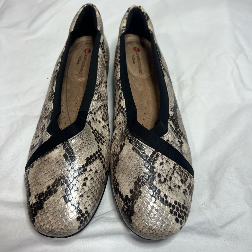Clarks Black and Cream Snakeskin Flats